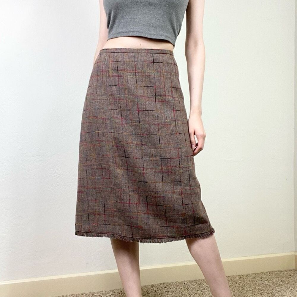 (18W) Vintage Sag Harbor Brown & Multicolor Tweed Fringe Hem Pencil Skirt